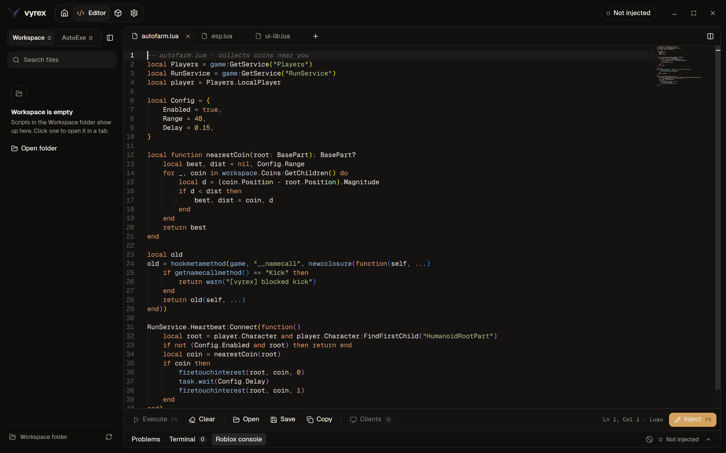 The Vyrex editor with a Luau autofarm script open in tabs